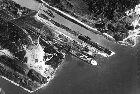 Aerial View of Feeder Canal with Maitland # One in Port. Note Canada Coal slip at bottom left. Circa 1929