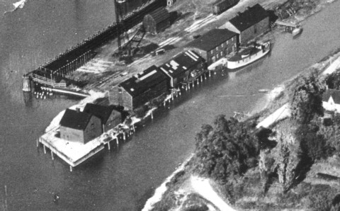 Aerial View of Fish houses on North side of Feeder 1929 with Tug GLENERIE