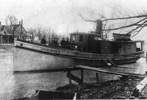 Fish Tug CALDERA in Feeder Canal House in background once stood across the road from Wayne Siddalls Fisheries circa 1925